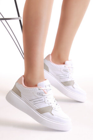 Kadın Beyaz Gri Beyaz Siyah Poli Taban Yanı Şeritli Bağcıklı Sneaker - 2