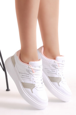 Kadın Beyaz Gri Beyaz Siyah Poli Taban Yanı Şeritli Bağcıklı Sneaker - 3
