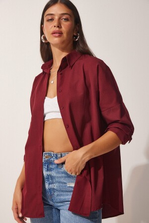 Kadın Bordo Oversize Uzun Basic Gömlek DD00842 - 1