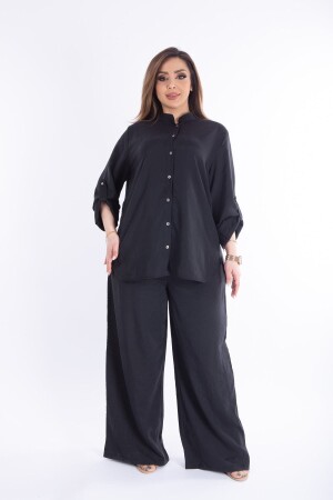 Kadın Büyük Beden Gömlek Pantolon Dokuma Viskon Siyah Takım - 1