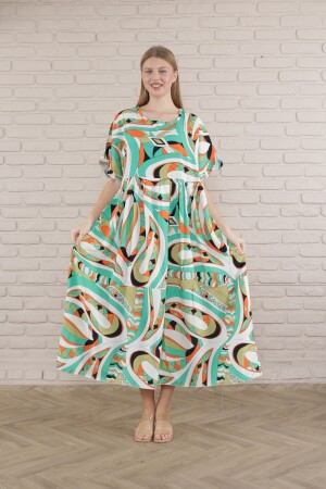 Kadın büyük beden kısa kol yazlık dokuma viskon desenli elbise - 1