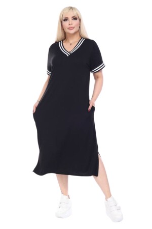 Kadın Büyük Beden Kısa Kollu Siyah Yakası Şeritli V Yaka Viskon Elbise - 1
