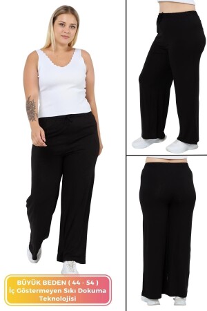 Kadın Büyük Beden Konfor Modeli Beli Lastikli Rahat Likralı Pamuklu Yazlık Geniş Paça Pantolon Siyah - 1