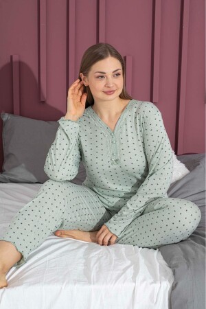 Kadın Büyük Beden Pijama Takımı Düğmeli & Dantel V Yaka Bambu Kumaş Pijama Takımı - 1