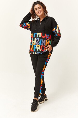 Kadın Büyük Beden Renkli Harf Desenli Siyah Eşofman Takımı - 1