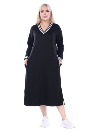 Kadın Büyük Beden Siyah Yakası Şeritli V Yaka Sweat Elbise - 1