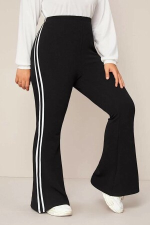 Kadın Büyük Beden Toparlayıcı Dalgıç Kumaş Siyah Beyaz Şeritli Ispanyol Paça Pantolon PTBDLBLV202TS - Big Love