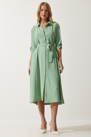 Kadın Çağla Yeşili Kuşaklı Gömlek Elbise DD01256 - 1