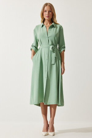Kadın Çağla Yeşili Kuşaklı Gömlek Elbise DD01256 - 3