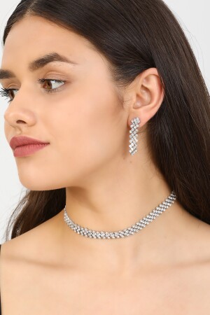 Kadın Çapraz Model Taşlı Gümüş Pırlanta Su Yolu Kolye Küpe Abiye Düğün Nişan Kına Söz Gelin Takı Set FR212 Gemstone Crystal Jewelry Set Prom - 3
