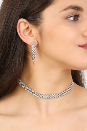 Kadın Çapraz Model Taşlı Gümüş Pırlanta Su Yolu Kolye Küpe Abiye Düğün Nişan Kına Söz Gelin Takı Set FR212 Gemstone Crystal Jewelry Set Prom - 4