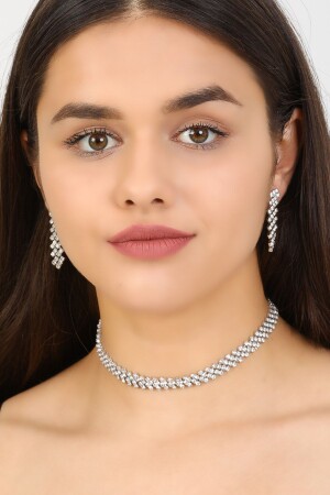 Kadın Çapraz Model Taşlı Gümüş Pırlanta Su Yolu Kolye Küpe Abiye Düğün Nişan Kına Söz Gelin Takı Set FR212 Gemstone Crystal Jewelry Set Prom - 1