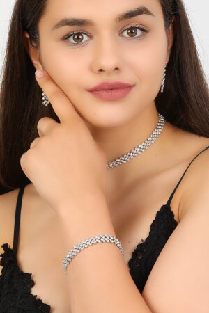 Kadın Çapraz Model Taşlı Gümüş Pırlanta Su Yolu Kolye Küpe Bileklik Abiye Düğün Söz Gelin Takı Seti FR211 Crystal Silver Stone Jewelry Set - 3