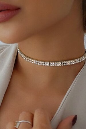 Kadın Çift Sıra Zirkon Taşlı Rhinestone Choker Kolye - 2