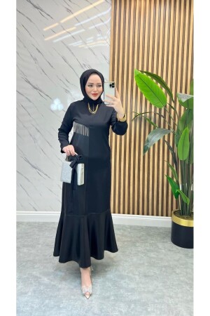 Kadın Deri Detaylı Siyah Elbise - İpek Tutuş