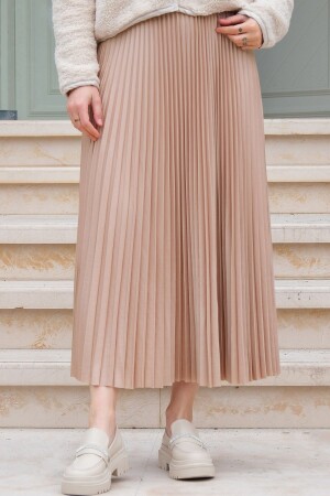 Kadın Deri Görünümlü Beli Lastikli Uzun Piliseli Etek Vizon - Locco