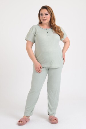 Kadın Düğmeli Nakış Detaylı Gri Büyük Beden Pijama Takımı Pmtk25340 - 1