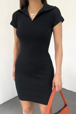 Kadın Fitted/vücuda Oturan Polo Yaka Kısa Kollu Elbise-balo-mezuniyet-kına-düğün-davet Siyah - Kozzy