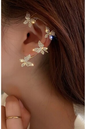 Kadın Gold Renk Tekli Zikron Taşlı Kelebek Earcuff Kıkırdak Küpe - 2