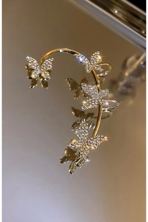 Kadın Gold Renk Tekli Zikron Taşlı Kelebek Earcuff Kıkırdak Küpe - 3