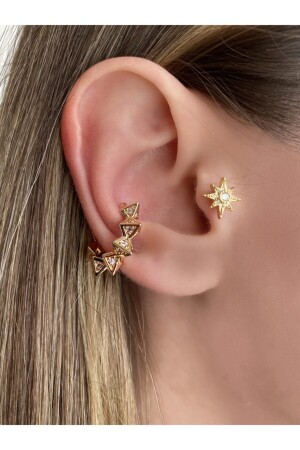 Kadın Gold Renkli Piramit Kıkırdak Küpe Earcuff - 2