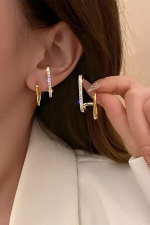 Kadın Gold Zirkon Taş Vip Küpe Earcuff - 2