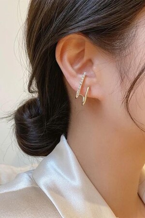 Kadın Gold Zirkon Taş Vip Küpe Earcuff - 5