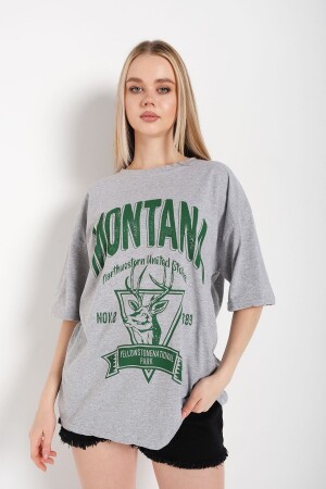 Kadın Gri Montana Baskılı Oversize T-shirt KGMBOT-980 - 1