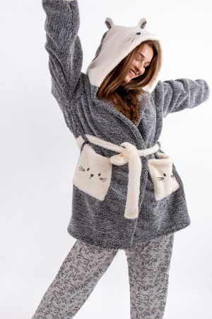 Kadın Gri Nakışlı Kapüşonlu Wellsoft Peluş Sabahlık - Mariva Home