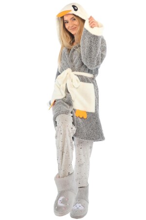 Kadın Gri Penguen Nakışlı Kapüşonlu Wellsoft Peluş Sabahlık - Zeynep Tekstil
