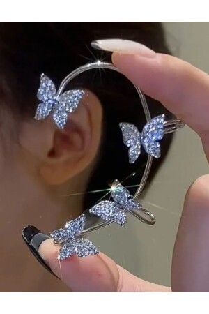 Kadın Gümüş Renk Tekli Zikron Taşlı Kelebek Earcuff Kıkırdak Küpe - 1