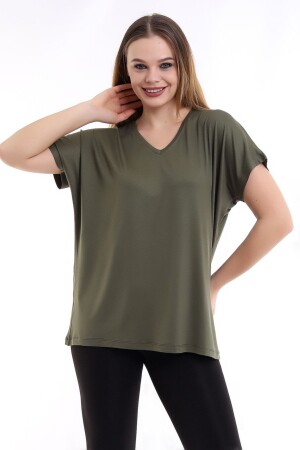 Kadın Haki Büyük Beden V Yaka Oversize Basic T-shirt - 2