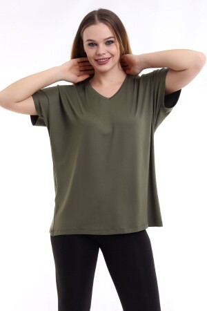 Kadın Haki Büyük Beden V Yaka Oversize Basic T-shirt - 5