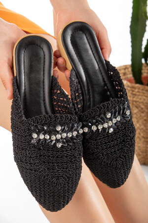Kadın Hasır Terlik Önü Kapalı Örgü Dantel Taş Detaylı Şık Yazlık Ev Plaj Tatil Terliği - Slipcat