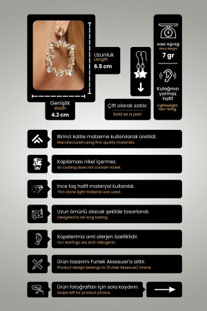 Kadın Kare Altın Renk Sallantılı Taşlı Model Pırlanta Elmas Abiye Elbise Düğün Kına Söz Parti Küpe FR133 Diamond Zircon Stone Earrings - 2