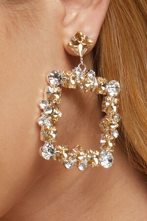 Kadın Kare Altın Renk Sallantılı Taşlı Model Pırlanta Elmas Abiye Elbise Düğün Kına Söz Parti Küpe FR133 Diamond Zircon Stone Earrings - 1
