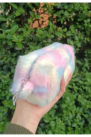 Kadın karışık renkli peluş kalemlik ve makyaj çantası - Noblestances