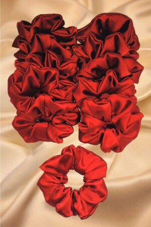Kadın Kına Ve Nişan Düğün Için Lastikli Simit Kırmızı Saten 10lu Scrunchie Saç Toka Seti - 1
