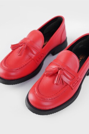 Kadın Kırmızı Hakiki Doğal Deri Püsküllü Loafer Ayakkabı - 1