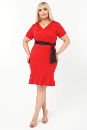 Kadın Kırmızı Kruvaze Yaka Eteği Fırfırlı Büyük Beden Elbise - 1