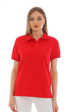 Kadın Kırmızı Pamuklu Likralı Polo Yaka Kısa Kollu Nakışlı Tişört - 1