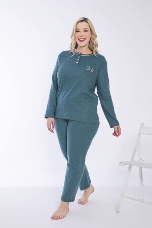 Kadın Kışlık Petrol Mavisi Büyük Beden Yakası Düğmeli Uzun Kollu İnterlok Pijama Takımı - 1