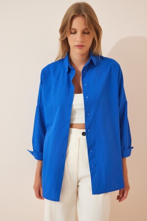Kadın Koyu Mavi Oversize Uzun Basic Gömlek DD00842 - 2
