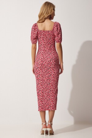 Kadın Koyu Pembe Carmen Yaka Yırtmaçlı Yazlık Örme Elbise FF00113 - 4