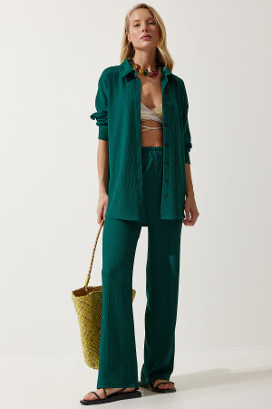 Kadın Koyu Yeşil Rahat Örme Gömlek Pantolon Takım KH00090 - 1