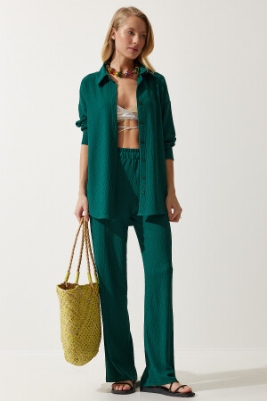 Kadın Koyu Yeşil Rahat Örme Gömlek Pantolon Takım KH00090 - 2