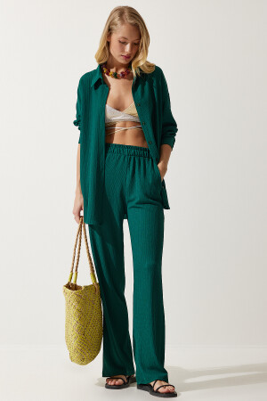 Kadın Koyu Yeşil Rahat Örme Gömlek Pantolon Takım KH00090 - 3
