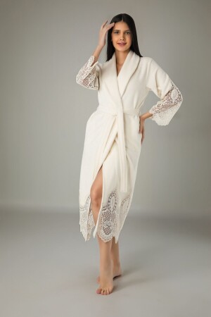 Kadın Krem Uzun Şalyaka Dantelli Bambo Cotton Bornoz TYC00042094838 - Nuşa