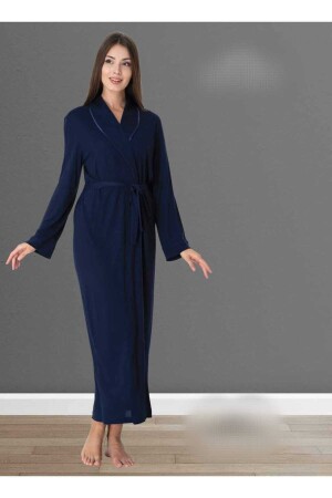 Kadın Lacivert Tasarım Pamuklu Uzun Kuşaklı Sabahlık - Lohussa