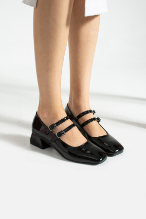 Kadın Mary Jane Siyah Rugan Arka Kapalı Çift Bant Kare Burunlu Kısa Blok Topuklu Ayakkabı - 2